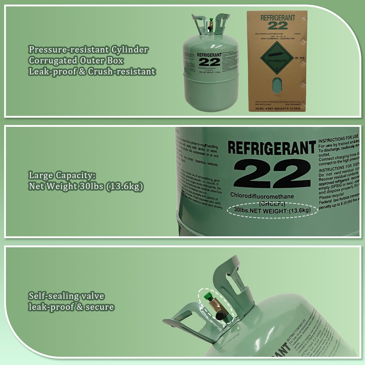 R22 refrigerant cylinder packaging and valve details
