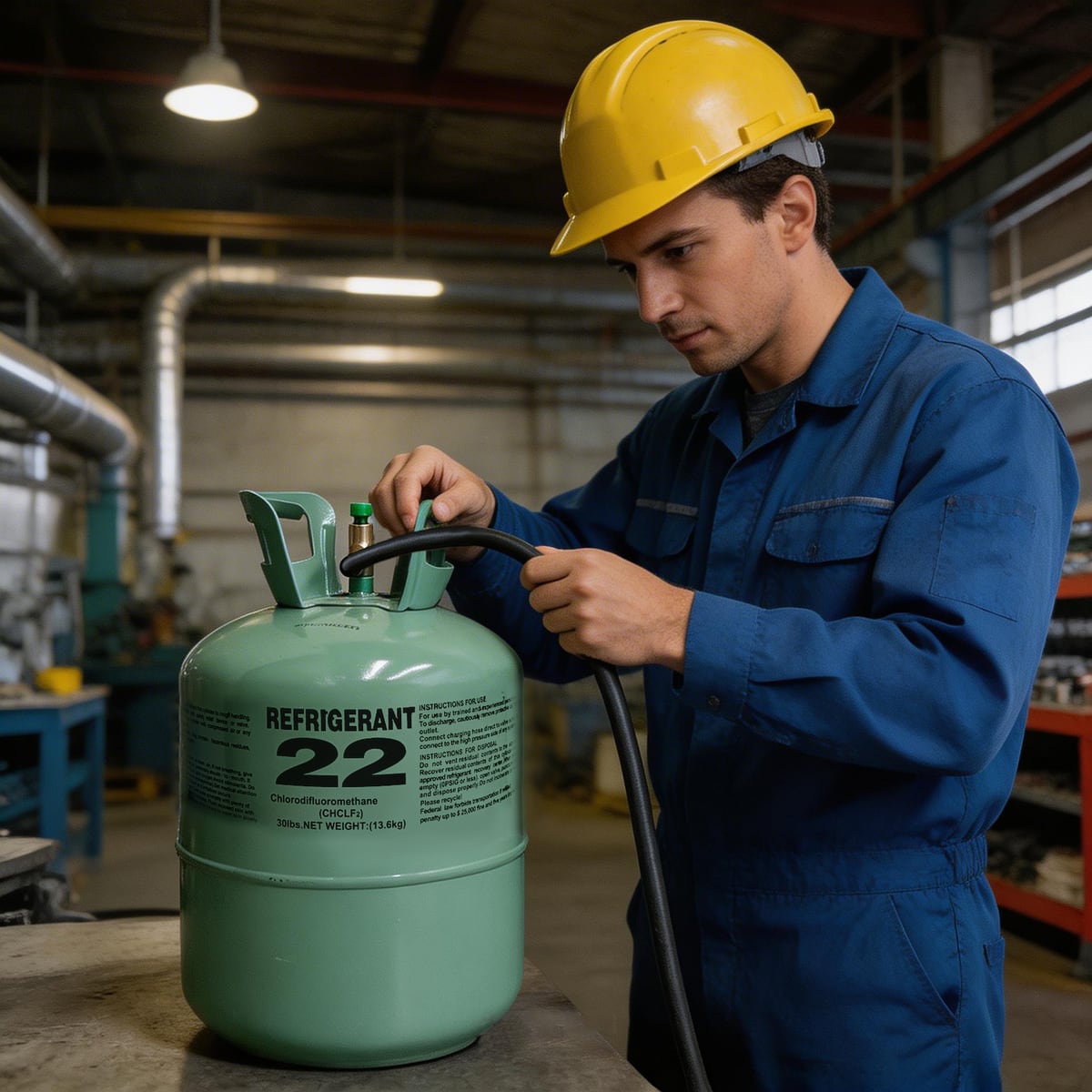 Professional technician servicing equipment with R22 refrigerant